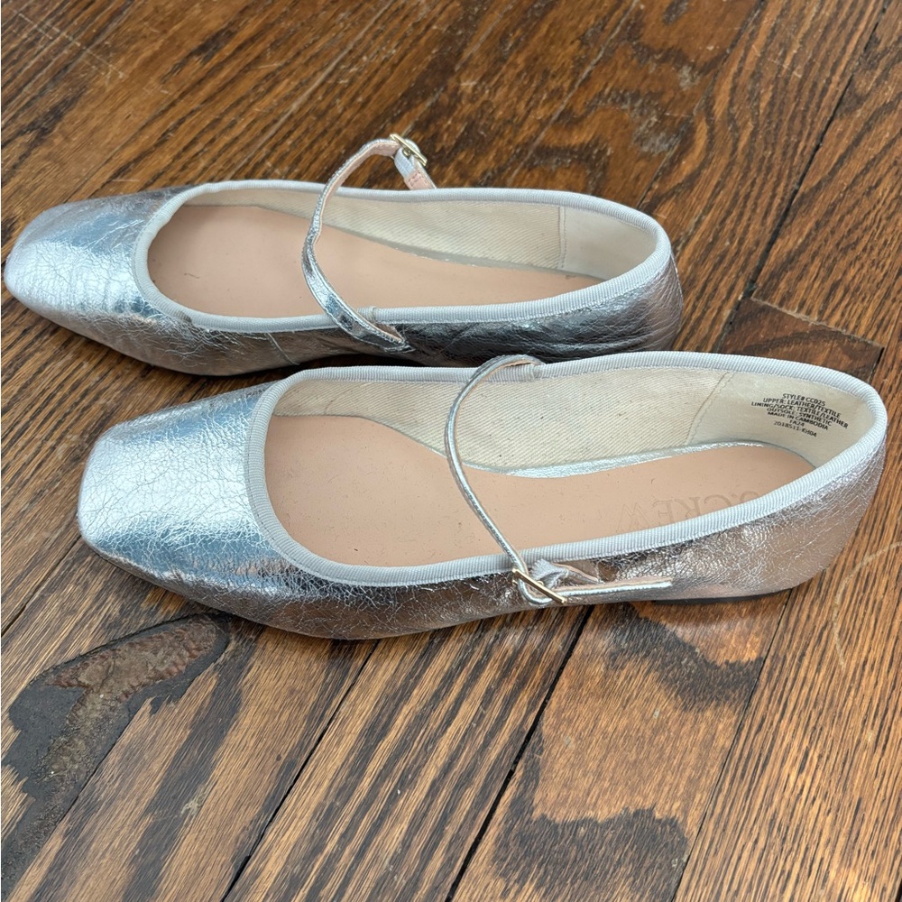 J.Crew Quinn square-toe Mary Jane flats in crinkled metallic leather